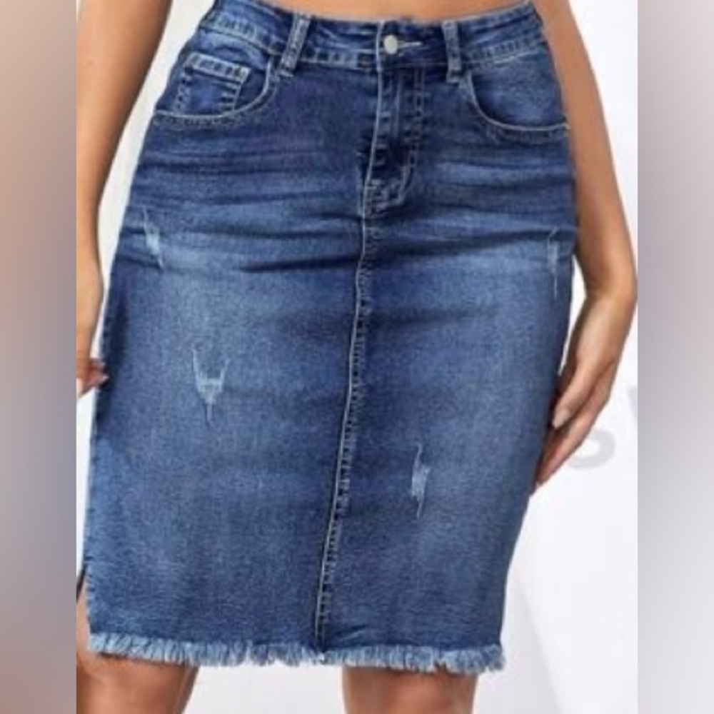 Medium Wash High Rise Ripped Slit Denim Skirt  Size L